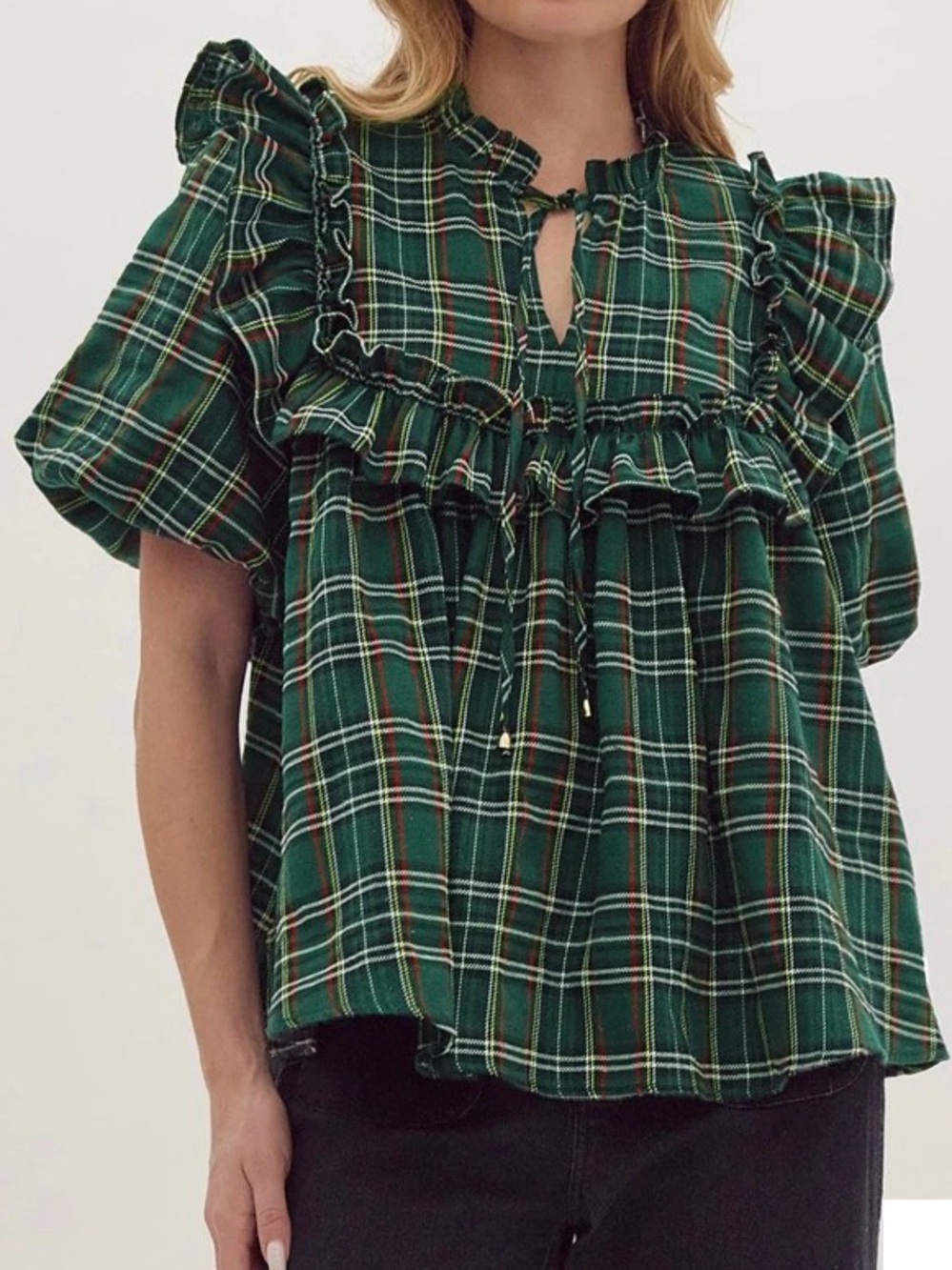 Green Plaid Gingham Ruffle Tie-Front Babydoll Blouse Feminine Holiday XL Preppy